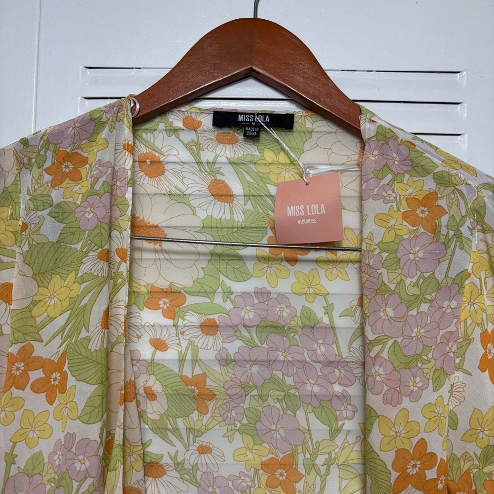 Miss Lola Nadiah Floral Yellow Orange Long Sleeve Cover Up Kimono Top Size M - Picture 2 of 5
